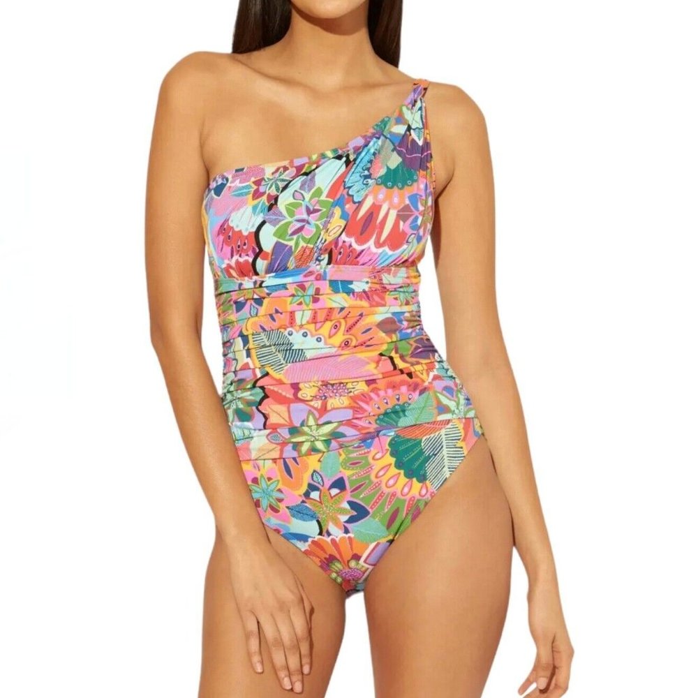 NWT Bleu by Rod Beattie Make It Pop One Shoulder One Piece Swimsuit 10 - Picture 1 of 4